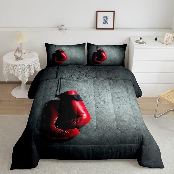 Feelyou Boxing Bedding Set Sports Theme Comforter Set for Kids Boys Girls Men Red Boxing Gloves Pattern Comforter Pugilism Games Design Quilt Set with 2 Pillowcases 3Pcs Bedding Queen