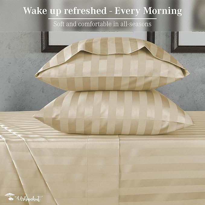 URBANHUT 1000 Thread Count Damask Striped King Size Egyptian Cotton Sheets, Long Staple Soft & Breathable, 4 Pc Bed Sheet Sets, Luxury Hotel Sateen Sheets Fits 16" Deep Pocket - Sand