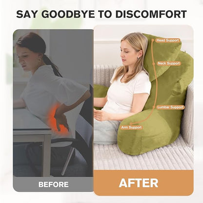 Portable Reading Pillows with Headrest for Bed Sitting Up(Pale Green Oeko-Tex), Velvet Back Pillow with Arms & Pockets for Adults, Support Memory Foam Bed Pillow for Dorm/Watching/Gaming
