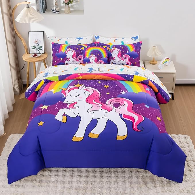 Unicorn Full Bedding Sets for Girls Kids Teens, 8 Piece Bed in a Bag Purple Rainbow Theme Unicorn Comforter Set Bedroom Decor with Printed Sheet Set