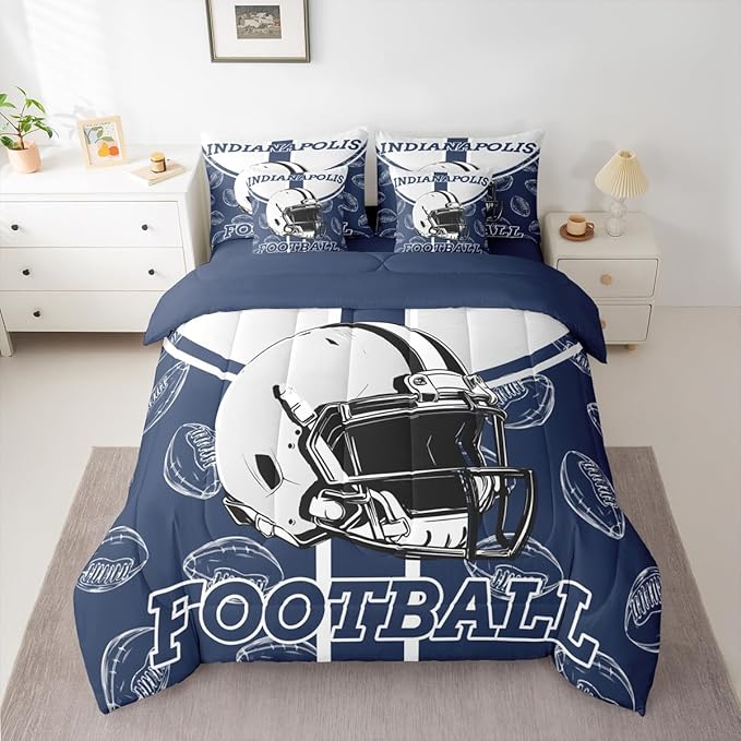 Feelyou Football Queen Comforter Set with Sheets for Kids Boys Girls Ball Games 7 Pieces Bedding Set Rugby Bed in a Bag City of Footballs Room Decor Rugby Sports Soft Lightweight