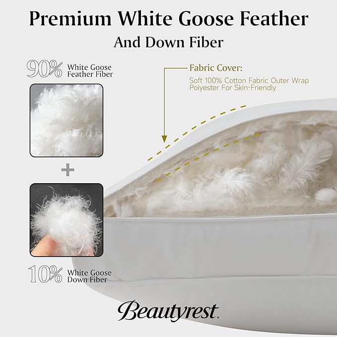 Beautyrest Goose Feather Down Fiber Gusseted Pillows, Hotel Pillow Luxury Bed Pillows, 100% Cotton Cover, Jumbo Size Set of 2
