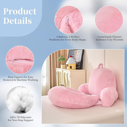 Reading Pillow for Bed,U Shaped & Back Support Pillow for Bed,19" Backrest with Lumbar & Arm Support,Luxurious Faux Rabbit Fur,Gaming PillowFor Crochet/Reading/Watching TV,Pink