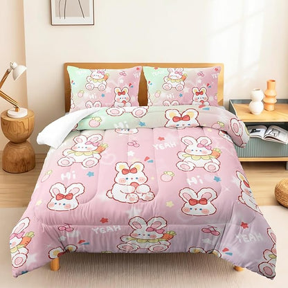 CVHOUSE Kawaii Rabbit Comforter Set Twin Size, Cartoon Pink Bedding for Kids, Cute Quilt Set With Strawberry Duvet, Bedroom Decor 3 Pieces