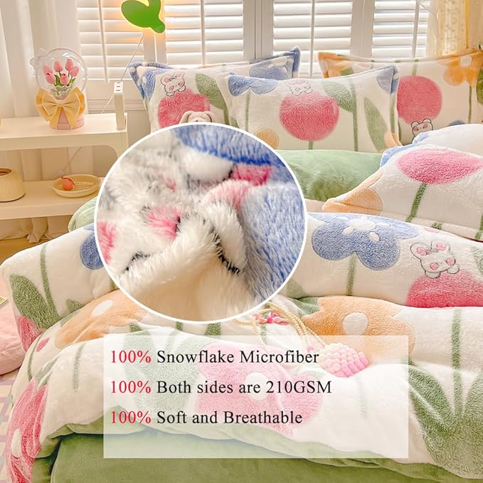 Floral Kids Duvet Cover Set Queen Cute Kawaii Bedding Set Avocado Green Snowflake Fluffy Comforter Cover Blanket Soft Reversible Duvet Cover Room Decor (Flowers,Queen)