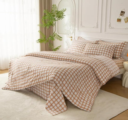 SDY 7PCS Brown Gingham Bow Bedding Set Queen，Soft Washed Microfiber Plaid Comforter Set and Checkered Sheets for Kids, Toddler, Girls, Boys，Cozy Brown Gingham Comforter