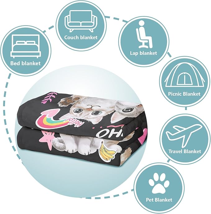 Kitten Lover Blanket, Just A Girl Who Loves Cats Blanket, Soft Warm Cozy Fleece Throw, Gifts for Girls Women Kids, 50"x60", Black