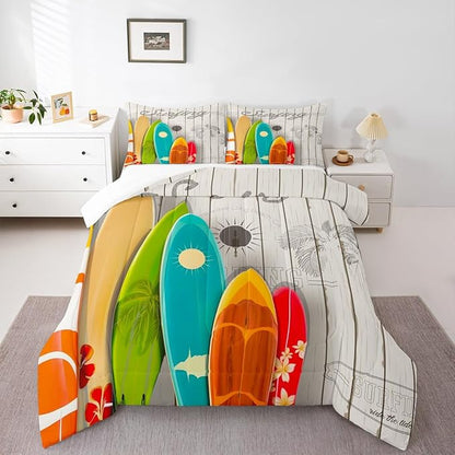 Colorful Surfing Comforter Set King Size for Kids Boys Girls Home Room Decor,Rustic Farmhouse Barn Bedding Set Hawaiian Ocean Style Quilt Set Flower Sun Surfboard Duvet Insert,2 Pillowcases