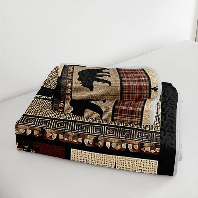 Rustic Black Bear Quilt Bedding Queen 3Pcs Natural Forest Wild Hunt Animal Bear Canoe Bed Set Retro Tree Grid Pattern Bedspread Coverlet with 2 Pillowcases for Kid Boy Girl Teen Adult Bed Decor