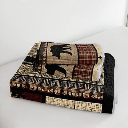 Rustic Black Bear Quilt Bedding Full 3Pcs Natural Forest Wild Hunt Animal Bear Canoe Bed Set Retro Tree Grid Pattern Bedspread Coverlet with 2 Pillowcases for Kid Boy Girl Teen Adult Bed Decor