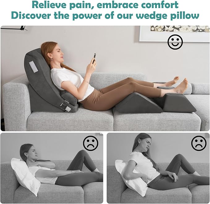 5Pcs Wedge Pillow for Sleeping, Orthopedic Bed Wedge Pillows for After Surgery, Foam Triangle Sit Up Pillow Wedge for Back, Neck, Shoulder Support, Leg Elevation, Acid Reflux, Gerd, Snoring Grey