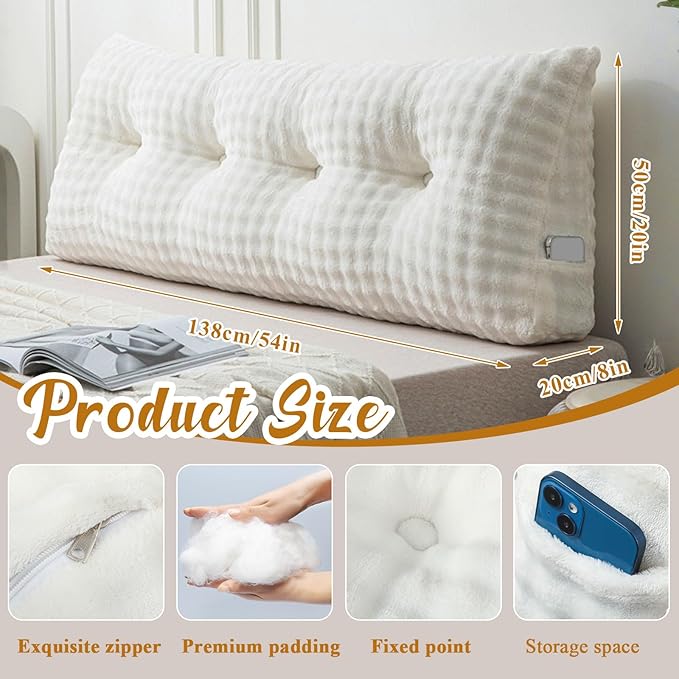 Wenqik Wedge Pillow Triangular Headboard Bed Reading Backrest Wedge Bolster Pillow with Removable Cover Back Support for Daybed Bunk Bed(Beige,Full)
