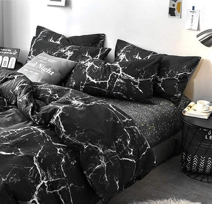 Wellboo Black Marble Comforter Set Full Size White Texture Bedding Comforters Women Men Black and White Marble Quilts Cotton Adults Modern Black Abstract Streaks Bed Organic Luxury Gothic Chic Blanket