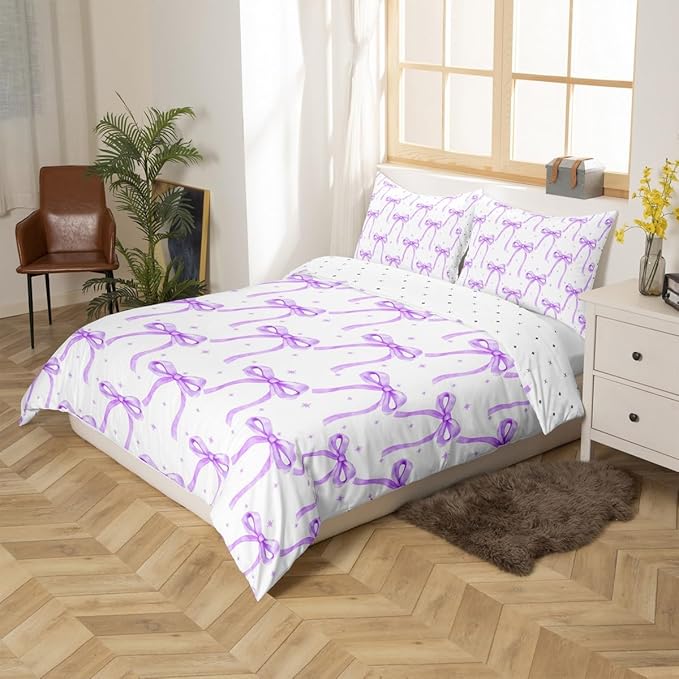 Cartoon Bowknot Girls Duvet Cover Set Full Size Kids Bow Tie Princess Bedding Sets 3Pcs for Child Girly Woman Room Decor, Butterfly Knot Comforter Cover with 2 Pillowcases (No Comforter) Purple