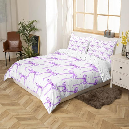Cartoon Bowknot Girls Duvet Cover Set Twin Size Kids Bow Tie Princess Bedding Sets 2Pcs for Child Girly Woman Room Decor, Butterfly Knot Comforter Cover with 1 Pillowcase (No Comforter) Purple