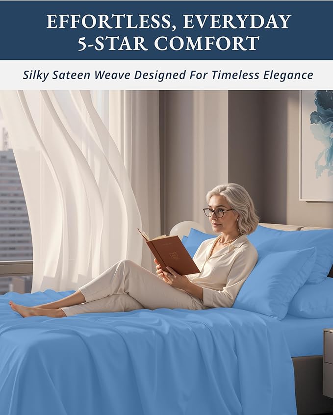 LANE LINEN 100% Egyptian Cotton Bed Sheets Queen Size, Long Staple Soft & Comfy Sateen Weave No Pill Fade Resistant Machine wash 15" Deep Pocket Queen Sheets - Blue Jasper