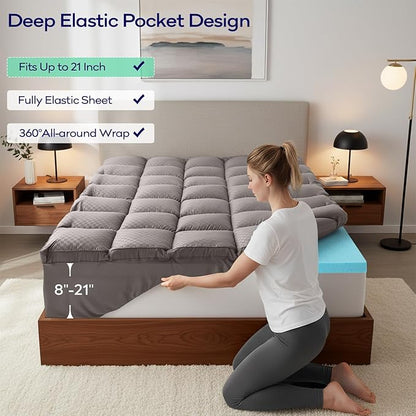 OLANLY Dual-Layer 4 Inch Cal King Size Memory Foam Mattress Topper for Back Pain, 2 Inch Cooling Pillow Top Mattress Pad Cover and 2 Inch Gel Memory Foam Topper, Deep Elastic Pocket, Light Grey