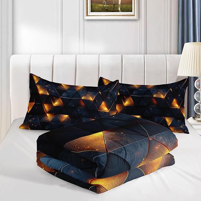 3D Geometric Comforter Set Yellow Neon Light Printed Bedding Set with 1 Comforter and 2 Pillowcases for Boys and Girls Bedroom All Season(Geometric Full)