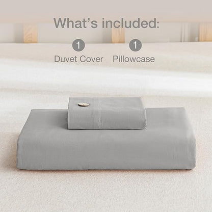 JELLYMONI Cotton Duvet Cover Twin Size - Light Gray Comforter Cover with Button 100% Washed Cotton 2PCS Breathable Soft Solid Bedding Set Duvet Cover 68×90in & 1 Pillowcase (NO Comforter)
