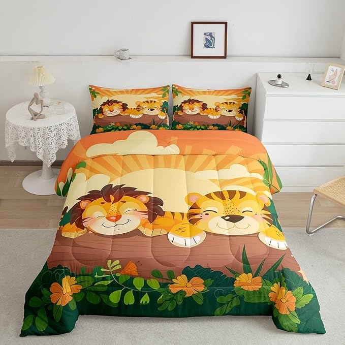 Cute Lion Tiger Bedding Set Full Size Tropical Jungle Wildlife Comforter Set for Girls Boys Room Decor Cartoon Hand Drawn Style Down Comforter Flower Leaves Quilt Set with 2 Pillowcases