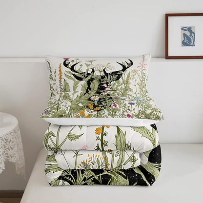 Feelyou Deer Antler Comforter Set Farmhouse Wild Deer Bedding Bed Set for Kids Boys Girls Rustic Decor Retro Wild Animal Comforter Wildflower Quilt with 1 Pillowcase 2Pcs Bedding Twin Boys