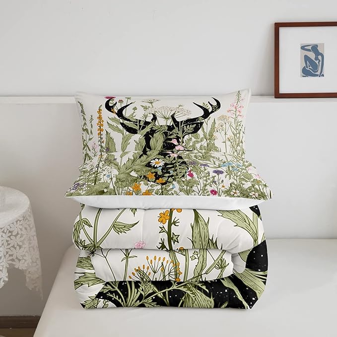 Feelyou Deer Antler Comforter Set Farmhouse Wild Deer Bedding Bed Set for Kids Boys Girls Rustic Decor Retro Wild Animal Comforter Wildflower Quilt Set with 2 Pillowcases 3Pcs Bedding King