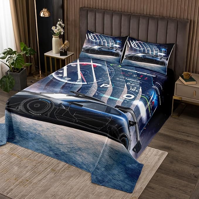 Erosebridal Boys Extreme Sport Bedspread Queen Size, Race Car Coverlet Set 3 Pieces, Girls Speed Sports Car Quilted Soft Warm Home Hotel Dorm Room Decoration Blue Grey No Comforter Filling