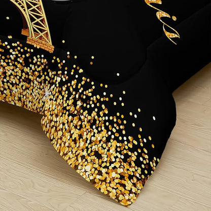 Black Gold Paris Eiffel Tower Comforter Set,Romantic Paris Queen Comforter Set for Women Couple,Girls Butterfly Eiffel Tower Print Bedding Set,Modern French Paris Quilt Set