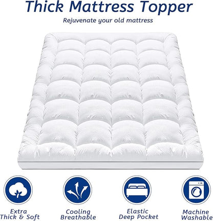 Queen Size Mattress Topper for Back Pain, Cooling Extra Thick Mattress Pad Cover with 8-21 inch Deep Pocket, Plush Pillow Top Mattress Topper Overfilled with Down Alternative, Queen Size, White