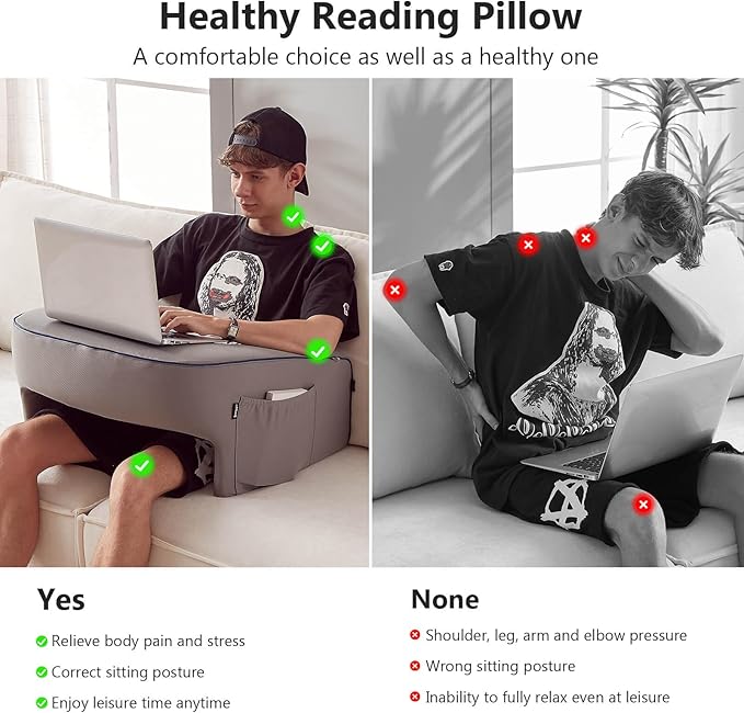 Reading Pillow, Ergonomic Lap Desk, Book Pillow for Reading in Bed, Arm Rest for Couch, Lap Pillow, Reading Cushion, Gaming Pillow, Arm Pillows for Adults