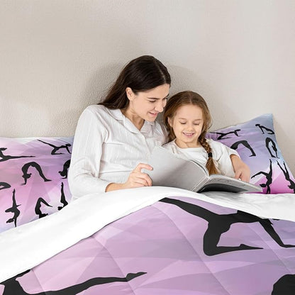 Gymnastics Bedding Set Full Size,Dancing Lover Silhouette Comforter Set 3pcs for Kids Girls Woman Gymnast Room Decor,Cheerleading Sports Quilt Set Pink White Duvet Insert with 2 Pillowcases