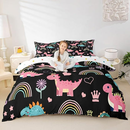 Lovely Dino Duvet Cover Set Toddler Size,Cute Rainbow Floral Love Heart Reversible Quilt Cover for Kids Boys Girls Pink Black Dinosaur Kawaii Animal Bedding Set with 1 Pillowcase,No Comforter