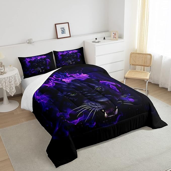 Feelyou Leopard Beddinig Set Black Panther Comforter Set for Kids Boys Girls Safari Cheetah Comforter Blue Fire Wild Animal Decor Quilt Set Room Decor 3Pcs Queen Size