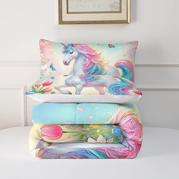 Pink Unicorn Comforter Set Queen Size, 3 Pieces Superior Kids Flower Butterfly Bedding Set for Teen Girls and Kids Toddler, Cute Unicorn for Room Decor 3Pcs, 1 Comforter and 2 Pillowcase