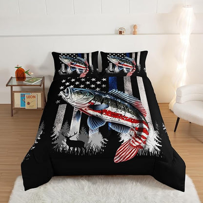 HOSIMA Soft Microfiber Black Queen Comforter Set with 2 Pillowcases,American Flag Striped Bass Pattern Bedding Sets,Fishing Comforter Kids Men Boys Room Decor,Bed in a Bag Queen Size for Teens.