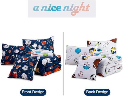 A Nice Night 6Pcs Bed in A Bag Queen Sports Microfiber Modern Comforter Set,Navy Rugby Ball Printed Bedding Collections,for Boys Kids Teen