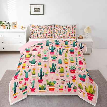 Cute Cactus Bedding Set Queen Size Cartoon Style Botanical Comforter for Child Teens Bohemia Western Exotic Down Comforter Desert Plant Duvet Insert with 2 Pillowcases