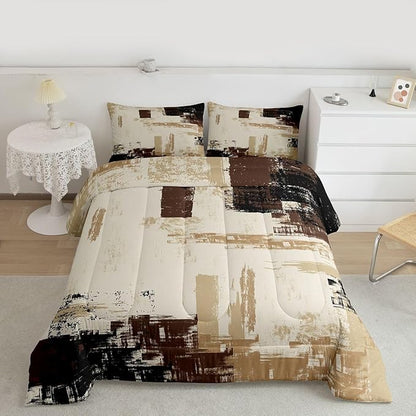Feelyou Abstract Bedding Set Kids Modern Abstract Art Comforter Set Brown Grey Black Comforter for Boys Room Decor Lightweight Duvet Set King Size with 2 Pillow Case