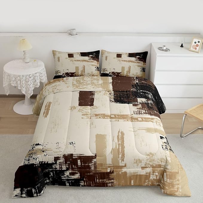 Feelyou Abstract Bedding Set Kids Modern Abstract Art Comforter Set Brown Grey Black Comforter for Boys Room Decor Lightweight Duvet Set Full Size with 2 Pillow Case