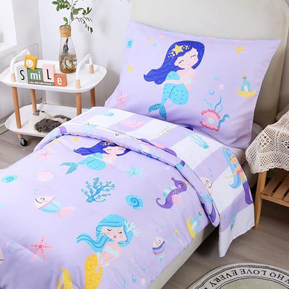URBONUR 4-Piece Toddler Bedding Set - Ultra Soft Cartoon Mermaid Girls Toddler Comforter Set Coral Starfish - Include Comforter, Flat Sheet, Fitted Sheet and Reversible Pillowcase, Purple Mermaid