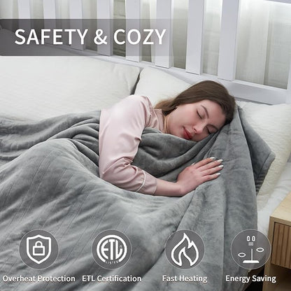 Heated Electric Blanket 62"x84" Twin Size Thickened Flannel and Sherpa with 6 Heating Levels & 10 Hours Auto-Off Overheating Protection-Light Gray