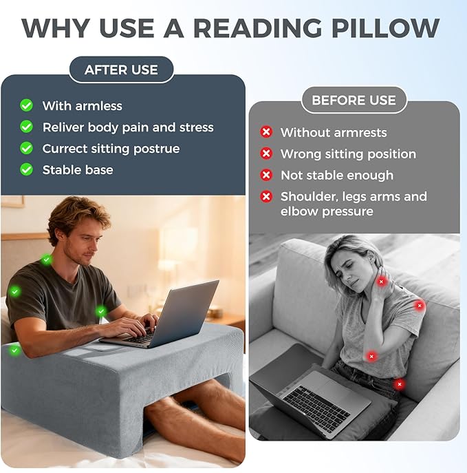 Reading Pillow for Gaming Lap Desk Pillow for Laptop with Cup Holder Pocket Foldable Memory Foam Bed Desk for Reading Working Crocheting Gaming Arm Rest on Bed/Sofa/Floor/Couch/Car(grey foldable)
