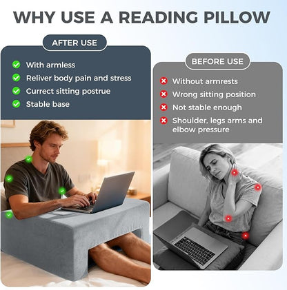 Reading Pillow for Gaming Lap Desk Pillow for Laptop with Cup Holder Pocket Foldable Memory Foam Bed Desk for Reading Working Crocheting Gaming Arm Rest on Bed/Sofa/Floor/Couch/Car(grey foldable)