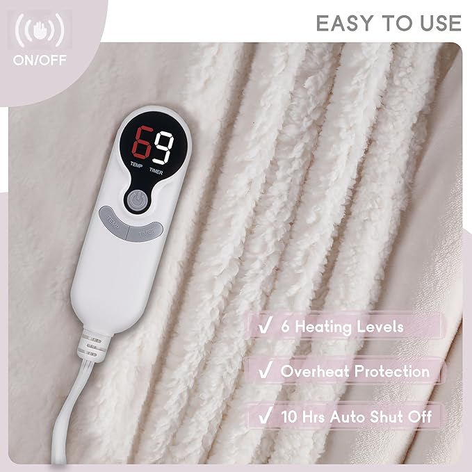 Heated Blanket Electric Blanket Full Size 72''x84'', Soft Flannel Heating Blanket with 1-10 Hour Auto Off - 6 Heat Settings - Machine Washable - White