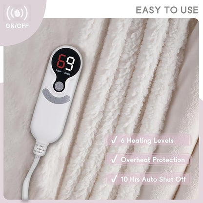 Heated Blanket Electric Blanket Full Size 72''x84'', Soft Flannel Heating Blanket with 1-10 Hour Auto Off - 6 Heat Settings - Machine Washable - White