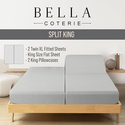 Bella Coterie Luxury Bamboo Viscose Split King Size Sheet Set | 2 Fitted Sheets for Sleep Number & Adjustable Beds | 100% Organically Grown | Cooling & Ultra Soft | 18” Deep Pocket [Grey Mist]