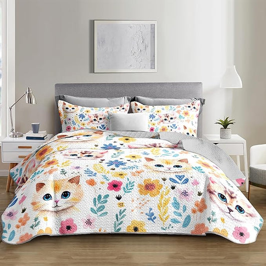 Kawaii Cat Quilt Set,Orange Cat Flowers Pattern Bed Set for Toddler Kids Girls Room Decor,Cute Bedding Queen Quilted Sets with 2 Pillowcases.