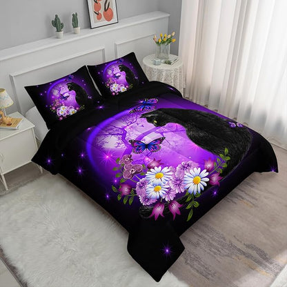 Axolotl Black Cartoon Cat Bedding Comforter Set King,Cute Cat Bedding for Kids,Daisy Butterflies Print Kids Bedding for Boys Girls Adults,Animal Flowers Comforter Set All Season,1 Quilt 2 Pillow Cases