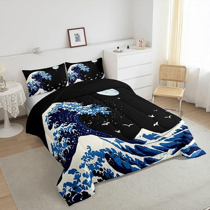Feelyou Japanese Wave Comforter Set Queen Size Japanese Style Comforter for Boys Girls Teens Ocean Wave Bedding Set Sea Waves Duvet Set Room Decor Blue Black Quilt Set