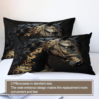 Black Horse Duvet Cover Full Size, Ancient Warhorses Bedding Set 3 Piece Bedroom Decor Retro Golden Pattern Comforter Cover and 2 Pillow Sham with Zipper Closure